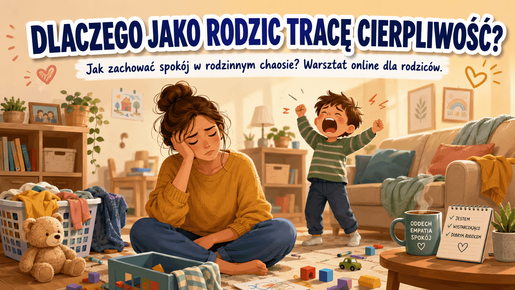 Zmęczony rodzic przy stole z dziećmi w domowym chaosie